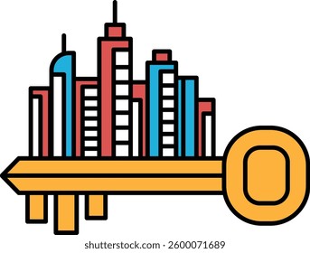 A key is shown with a city skyline in the background. The key is yellow and has a red stripe