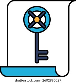 A key is shown on a piece of paper. The key is blue and yellow. The paper is white