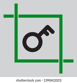 Key sign. Black icon inside green crop tool at light gray background