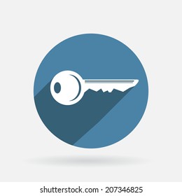 key sign. Circle blue icon with shadow.