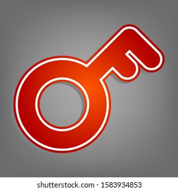 Key sign. Flat red icon with linear white icon with gray shadow at grayish background. Illustration.