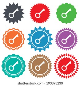 Key sign icon. Unlock tool symbol. Stars stickers. Certificate emblem labels. Vector
