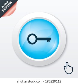 Key sign icon. Unlock tool symbol. Blue shiny button. Modern UI website button with hand cursor pointer. Vector