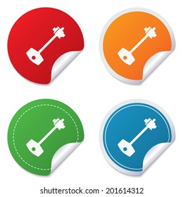Key sign icon. Unlock tool symbol. Round stickers. Circle labels with shadows. Curved corner. Vector