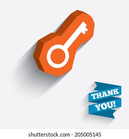 Key sign icon. Unlock tool symbol. White icon on orange 3D piece of wall. Carved in stone with long flat shadow. Vector