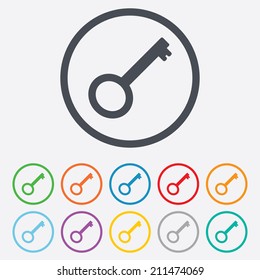 Key sign icon. Unlock tool symbol. Round circle buttons with frame. Vector