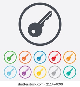 Key sign icon. Unlock tool symbol. Round circle buttons with frame. Vector