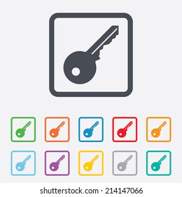 Key sign icon. Unlock tool symbol. Round squares buttons with frame. Vector