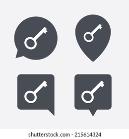 Key sign icon. Unlock tool symbol. Map pointers information buttons. Speech bubbles with icons. Vector