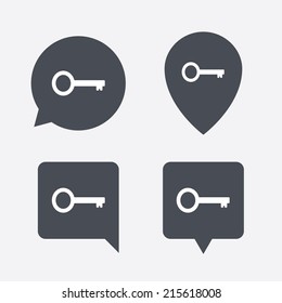 Key sign icon. Unlock tool symbol. Map pointers information buttons. Speech bubbles with icons. Vector