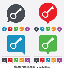 Key sign icon. Unlock tool symbol. Speech bubbles information icons. 24 colored buttons. Vector