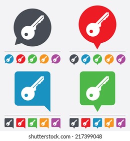 Key sign icon. Unlock tool symbol. Speech bubbles information icons. 24 colored buttons. Vector
