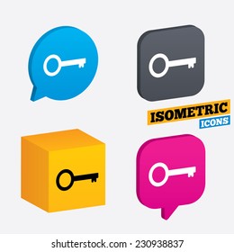 Key sign icon. Unlock tool symbol. Isometric speech bubbles and cube. Rotated icons with edges. Vector