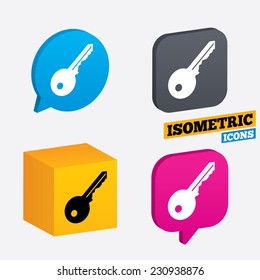 Key sign icon. Unlock tool symbol. Isometric speech bubbles and cube. Rotated icons with edges. Vector