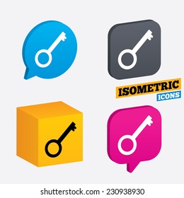Key sign icon. Unlock tool symbol. Isometric speech bubbles and cube. Rotated icons with edges. Vector