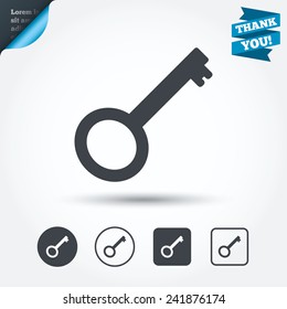 Key sign icon. Unlock tool symbol. Circle and square buttons. Flat design set. Thank you ribbon. Vector