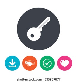 Key sign icon. Unlock tool symbol. Download arrow, handshake, tick and heart. Flat circle buttons.