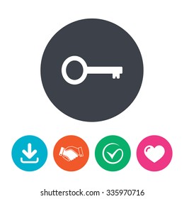 Key sign icon. Unlock tool symbol. Download arrow, handshake, tick and heart. Flat circle buttons.