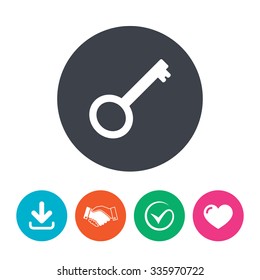 Key sign icon. Unlock tool symbol. Download arrow, handshake, tick and heart. Flat circle buttons.