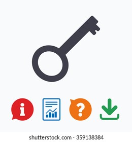 Key sign icon. Unlock tool symbol. Information think bubble, question mark, download and report.