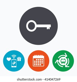 Key sign icon. Unlock tool symbol. Mobile payments, calendar and wifi icons. Bus shuttle.