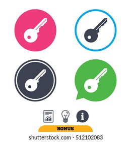 Key sign icon. Unlock tool symbol. Report document, information sign and light bulb icons. Vector