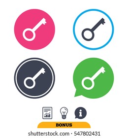 Key sign icon. Unlock tool symbol. Report document, information sign and light bulb icons. Vector