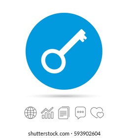 Key sign icon. Unlock tool symbol. Copy files, chat speech bubble and chart web icons. Vector