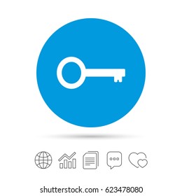 Key sign icon. Unlock tool symbol. Copy files, chat speech bubble and chart web icons. Vector