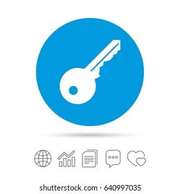 Key sign icon. Unlock tool symbol. Copy files, chat speech bubble and chart web icons. Vector