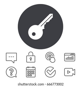 Key sign icon. Unlock tool symbol. Calendar, Locker and Speech bubble line signs. Video camera, Statistics and Question icons. Vector
