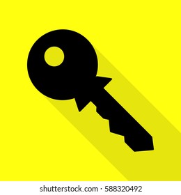 Key sign illustration. Black icon with flat style shadow path on yellow background.