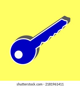 Key sign illustration. Blue Icon with white stroke in 3d at yellow Background. Illustration.