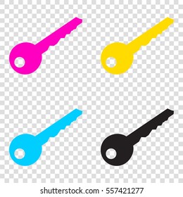 Key sign illustration. CMYK icons on transparent background. Cyan, magenta, yellow, key, black.
