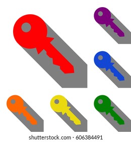 Key sign illustration. Set of red, orange, yellow, green, blue and violet icons at white background with flat shadow.