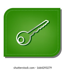 Key sign illustration. Silver gradient line icon with dark green shadow at ecological patched green leaf. Illustration.