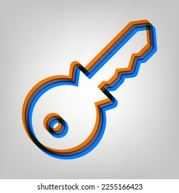 Key sign illustration. Stroked Icon in orange, azure and old lavender Colors at gray Background. Illustration.