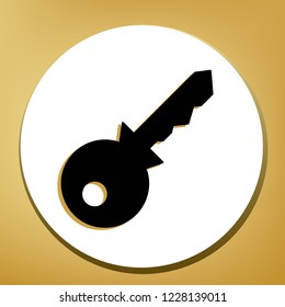 Key sign illustration. Vector. Black icon with light brown shadow in white circle with shaped ring at golden background.