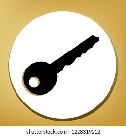 Key sign illustration. Vector. Black icon with light brown shadow in white circle with shaped ring at golden background.