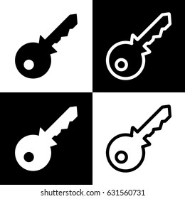 Key sign illustration. Vector. Black and white icons and line icon on chess board.