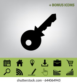 Key sign illustration. Vector. Black icon at gray background with bonus icons at celery ones