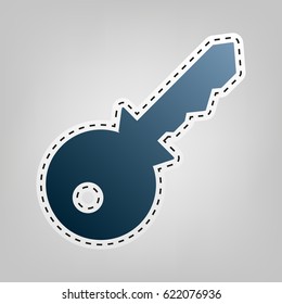 Key sign illustration. Vector. Blue icon with outline for cutting out at gray background.