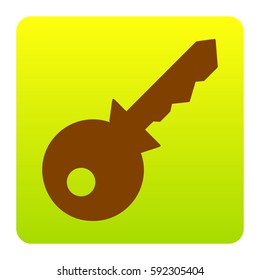 Key sign illustration. Vector. Brown icon at green-yellow gradient square with rounded corners on white background. Isolated.