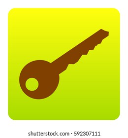 Key sign illustration. Vector. Brown icon at green-yellow gradient square with rounded corners on white background. Isolated.