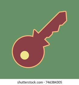 Key sign illustration. Vector. Cordovan icon and mellow apricot halo with light khaki filled space at russian green background.