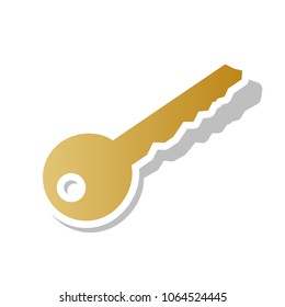 Key sign illustration. Vector. Golden gradient icon with white contour and rotated gray shadow at white background.