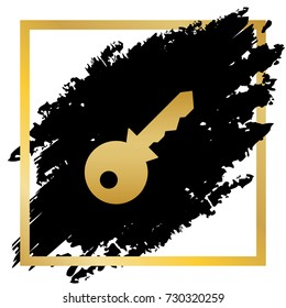 Key sign illustration. Vector. Golden icon at black spot inside golden frame on white background.