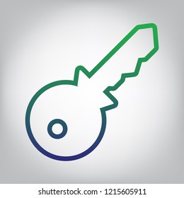 Key sign illustration. Vector. Green to blue gradient contour icon at grayish background with light in center.