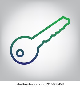 Key sign illustration. Vector. Green to blue gradient contour icon at grayish background with light in center.