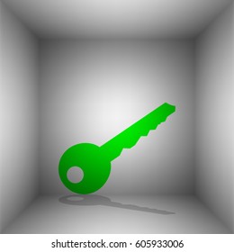 Key sign illustration. Vector. Green icon with shadow in the room.